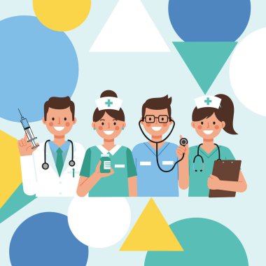 Bir grup doktor ve hemşire çizgi film tarzında gösteriliyor. Ellerinde tıbbi malzemeler var ve gülümsüyorlar. Arka plan, daireler ve üçgenlerle geometrik. Bu bir sağlık hizmeti çizimi..