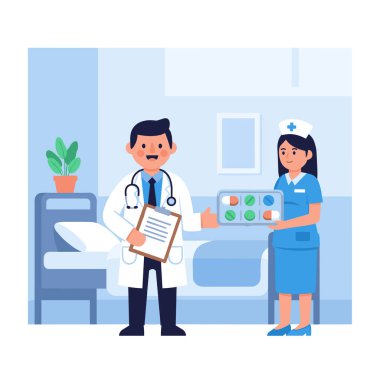 Bir karikatür çizimi, elinde dosya olan bir doktor ve hastane odasında elinde bitki ve yatak olan bir hemşire. Olay yerinde bir klinik ortamında sağlık ve tıbbi yardım gösteriliyor.