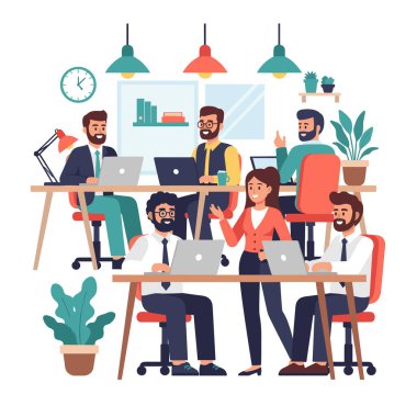 İşbirlikçi ofis ortamını gösteren canlı bir illüstrasyon. Çalışanlar, fabrikalar ve modern dekorlarla çevrili dizüstü bilgisayarlar üzerinde çalışarak takım çalışması için verimli bir atmosfer yaratıyorlar..