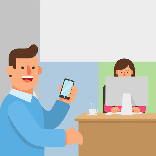 карикатура, показывающая мужчину с телефоном и женщину за компьютером. они, вероятно, находятся в офисной обстановке, демонстрируя современные коммуникации и технологии на рабочем месте. изображение плоское и цветное, простой дизайн