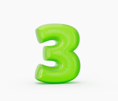 Oyuncu yeşil jöle gibi üç numara, beyaz üzerinde parlak ve canlı. 3d illüstrasyon