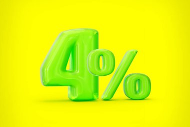 Yeşil jöle% 4 ya da% 4 'ü sarı arka planda izole. 3d illüstrasyon