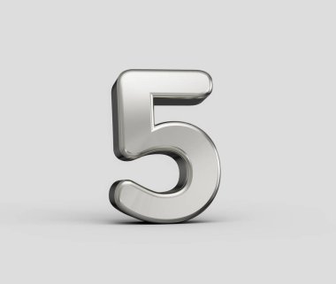 Parlak metalik gümüş 3D 5 numara temiz gri arka plana karşı. 3B illüstrasyon