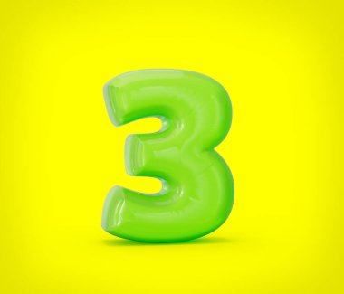 Parlak sarı arka planda üç numaralı canlı yeşil jöle. Oyuncu, 3 boyutlu illüstrasyon