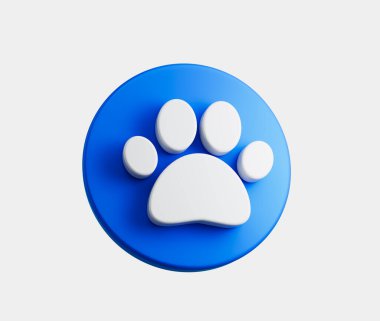 Beyaz pençe izi sembollü mavi dairesel düğme evcil hayvan ya da hayvanları temsil ediyor. 3B Görüntü