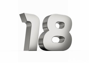 3D gümüş numara 18. Parlak metalik görünüş beyaz arka planda izole edilmiş, 3D görüntü.