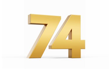 3D Altın Numara 74. Beyaz zemin üzerinde 74 izole edilmiş, 3D illüstrasyon.