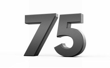 Parlak metalik 75 numara. 75 numara. Beyaz arka planda duran 75 numara, 3 boyutlu illüstrasyon.