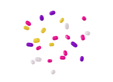 Parlak ve renkli şekerler serpiştirilmiş ve havada yüzüyor, üç boyutlu bir resim.