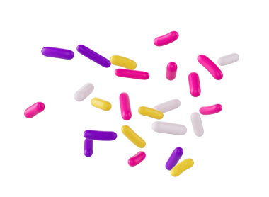 Parlak ve renkli şekerler serpiştirilmiş ve havada yüzüyor, üç boyutlu bir resim.