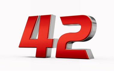 Metalik kırmızı 42 ya da gümüş kenarlı 42 numara beyaz arka planda duruyor. 3d illüstrasyon