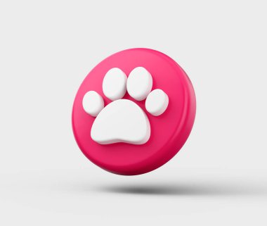 Beyaz pençe izi sembollü pembe dairesel düğme evcil hayvan ya da hayvanları temsil ediyor. 3B Görüntü