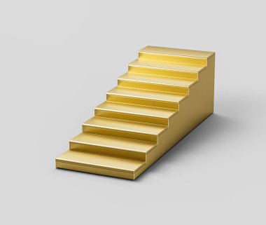 Modern tasarımı olan, parlak ve pürüzsüz yüzeyi olan altın merdiven. 3B Görüntü