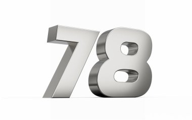 3d gümüş numara 78 78 parlak metalik görünüş beyaz arka planda izole edilmiş, 3d illüstrasyon