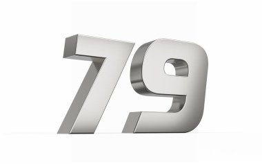 3d gümüş numara 79 79 parlak metalik görünüş beyaz arka planda izole edilmiş, 3d illüstrasyon