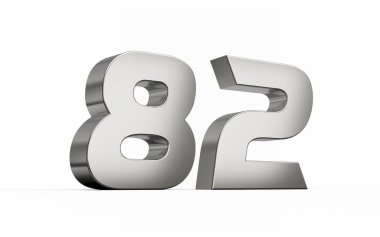 3D gümüş numara 82 82 parlak metalik görünüş beyaz arka planda izole edilmiş, 3 boyutlu illüstrasyon