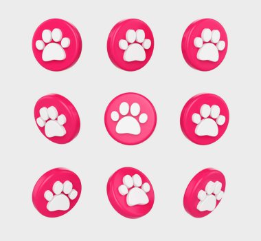 Beyaz pençe izi sembollü pembe dairesel düğmeler, evcil hayvanları ya da hayvanları temsil ediyor. 3B Görüntü