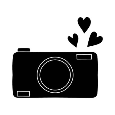 Elle çizilmiş sevimli aşk kamerası ile kalpler simgesi karalanmış. Clipart sembolü. Vektör illüstrasyonu