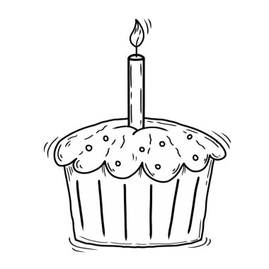 El çizimi doğum günü keki. Beyaz arkaplanda izole edilmiş mum karalama tarzı vektör ilüstrasyonu.