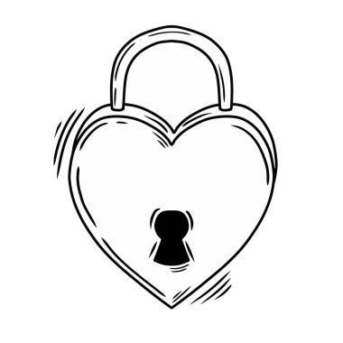Kalp kilidi. Sevgililer Günü için karalama biçimi vektör illüstrasyonunda el çizimi doğrusal resim