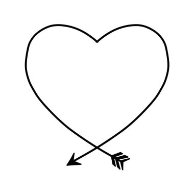 Oklu bir kalp silueti. Eros ok vektör çizimi ile el çizimi kalp