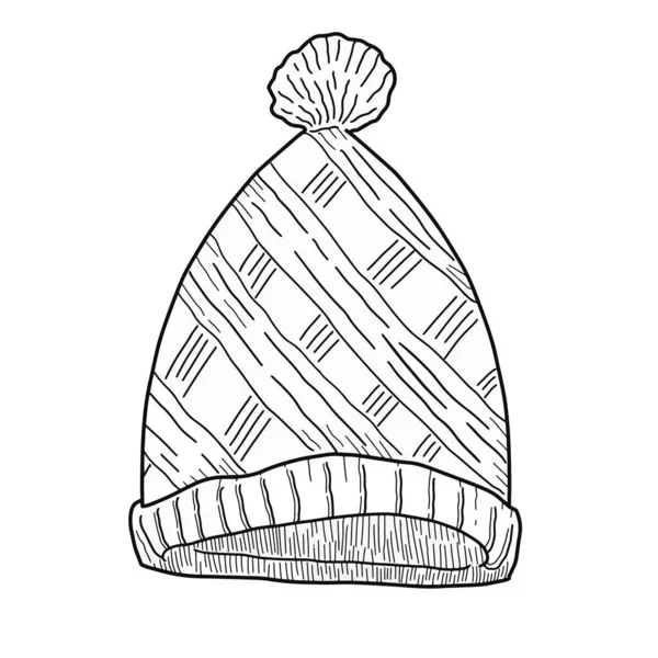 Elle çizilmiş beanie doodle stili vektör çizimi. Siyah beyaz çizgili yün bir şapka