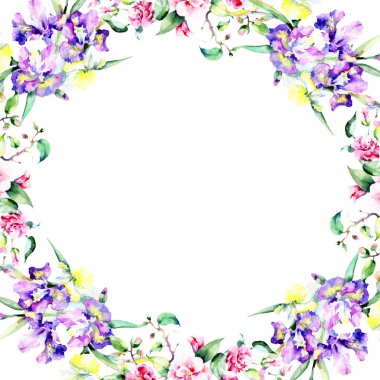 Renkli buket. Çerçeve kenarlığı süsleme Meydanı. Kumaş duvar kağıdı yazdırma doku. Arka plan, doku, sarıcı desen, çerçeve veya kenarlık için Aquarelle kır çiçeği.