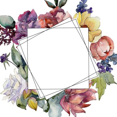 Renkli buket. Çerçeve kenarlığı süsleme Meydanı. Arka plan, doku, sarıcı desen, çerçeve veya kenarlık için Aquarelle kır çiçeği.