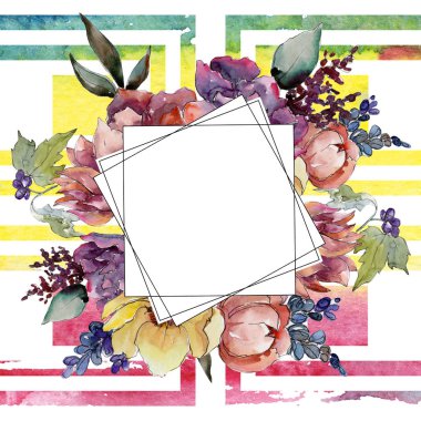 Renkli buket. Çerçeve kenarlığı süsleme Meydanı. Arka plan, doku, sarıcı desen, çerçeve veya kenarlık için Aquarelle kır çiçeği.