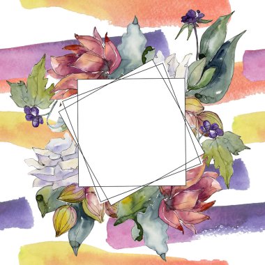 Renkli buket. Çerçeve kenarlığı süsleme Meydanı. Arka plan, doku, sarıcı desen, çerçeve veya kenarlık için Aquarelle kır çiçeği.