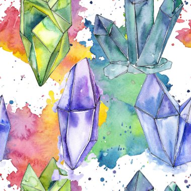 Renkli elmas taş takı mineral. Sorunsuz arka plan deseni. Kumaş duvar kağıdı yazdırma doku. Geometrik kuvars çokgen kristal taş mozaik şekil Ametist mücevher.