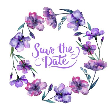 Menekşe keten. Botanik çiçek. Çerçeve kenarlığı süsleme Meydanı. Arka plan, doku, sarıcı desen, çerçeve veya kenarlık için Aquarelle kır çiçeği.