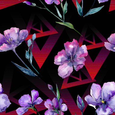 Menekşe keten. Sorunsuz arka plan deseni. Kumaş duvar kağıdı yazdırma doku. Arka plan, doku, sarıcı desen, çerçeve veya kenarlık için Aquarelle kır çiçeği.