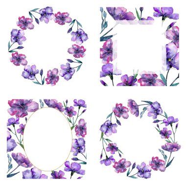 Menekşe keten. Botanik çiçek. Çerçeve kenarlığı süsleme Meydanı. Arka plan, doku, sarıcı desen, çerçeve veya kenarlık için Aquarelle kır çiçeği.