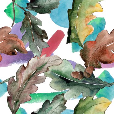 Meşe yaprağı. Yaprak bitki botanik bahçe çiçek yaprakları. Sorunsuz arka plan deseni. Kumaş duvar kağıdı yazdırma doku. Aquarelle yaprak için arka plan, doku, sarıcı desen, çerçeve veya kenarlık.