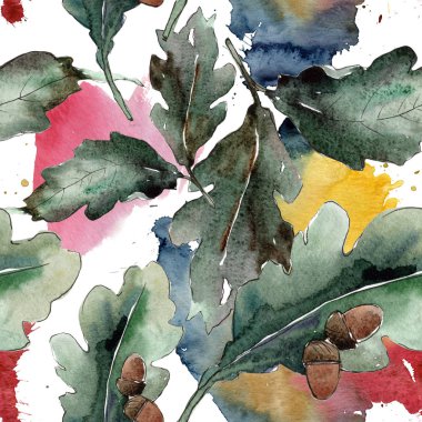 Meşe yaprağı. Yaprak bitki botanik bahçe çiçek yaprakları. Sorunsuz arka plan deseni. Kumaş duvar kağıdı yazdırma doku. Aquarelle yaprak için arka plan, doku, sarıcı desen, çerçeve veya kenarlık.