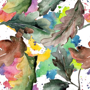 Meşe yaprağı. Yaprak bitki botanik bahçe çiçek yaprakları. Sorunsuz arka plan deseni. Kumaş duvar kağıdı yazdırma doku. Aquarelle yaprak için arka plan, doku, sarıcı desen, çerçeve veya kenarlık.