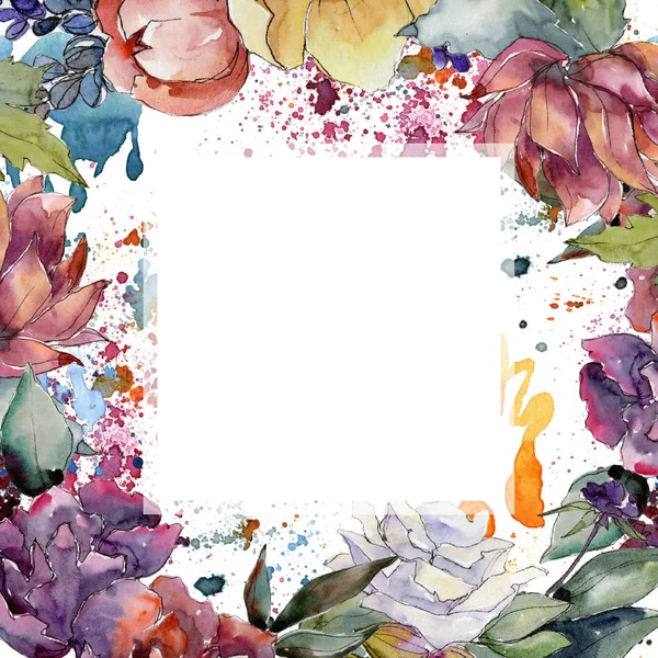 Bouquet Colorato Quadrato Ornamento Bordo Cornice Fiordaliso Aquarelle Sfondo Texture — Foto Stock