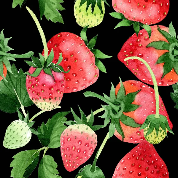 Red strawberries healthy food. Seamless background pattern. Fabric wallpaper print texture. Full name of the fruit: strawberry. Aquarelle wild fruit for background, texture, wrapper pattern or menu.