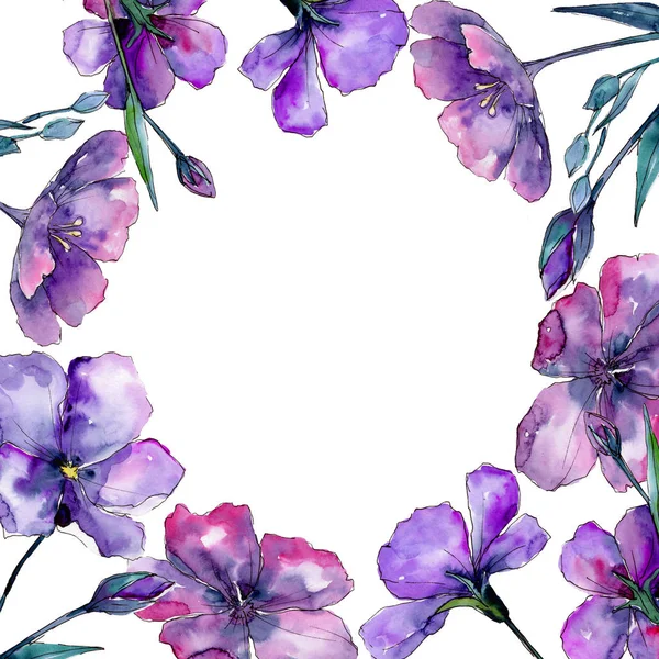 Violet Flax Floral Botanical Flower Frame Border Ornament Square Aquarelle — Stock Photo, Image