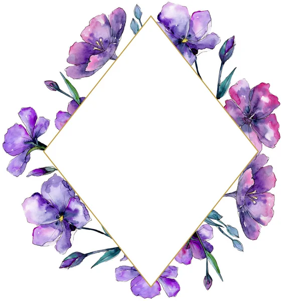 Linho Violeta Floral Flor Botânica Quadro Borda Ornamento Quadrado Aquarelle — Fotografia de Stock