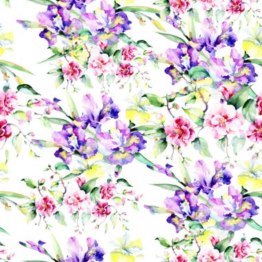 Renkli buket. Sorunsuz arka plan deseni. Kumaş duvar kağıdı yazdırma doku. Arka plan, doku, sarıcı desen, çerçeve veya kenarlık için Aquarelle kır çiçeği.