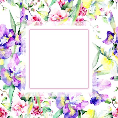 Renkli buket. Çerçeve kenarlığı süsleme Meydanı. Kumaş duvar kağıdı yazdırma doku. Arka plan, doku, sarıcı desen, çerçeve veya kenarlık için Aquarelle kır çiçeği.