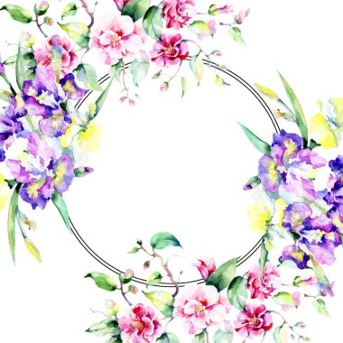 Renkli buket. Çerçeve kenarlığı süsleme Meydanı. Kumaş duvar kağıdı yazdırma doku. Arka plan, doku, sarıcı desen, çerçeve veya kenarlık için Aquarelle kır çiçeği.