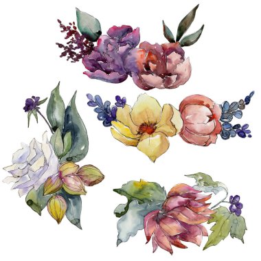 Renkli buket. Botanik çiçek. Vahşi bahar yaprak izole kır çiçeği. Arka plan, doku, sarıcı desen, çerçeve veya kenarlık için Aquarelle kır çiçeği.