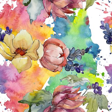 Renkli buket. Sorunsuz arka plan deseni. Kumaş duvar kağıdı yazdırma doku. Arka plan, doku, sarıcı desen, çerçeve veya kenarlık için Aquarelle kır çiçeği.