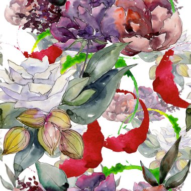 Renkli buket. Sorunsuz arka plan deseni. Kumaş duvar kağıdı yazdırma doku. Arka plan, doku, sarıcı desen, çerçeve veya kenarlık için Aquarelle kır çiçeği.