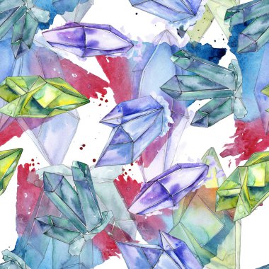 Renkli elmas taş takı mineral. Sorunsuz arka plan deseni. Kumaş duvar kağıdı yazdırma doku. Geometrik kuvars çokgen kristal taş mozaik şekil Ametist mücevher.