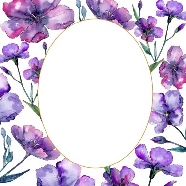 Menekşe keten. Botanik çiçek. Çerçeve kenarlığı süsleme Meydanı. Arka plan, doku, sarıcı desen, çerçeve veya kenarlık için Aquarelle kır çiçeği.