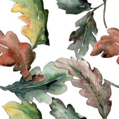 Meşe yaprağı. Yaprak bitki botanik bahçe çiçek yaprakları. Sorunsuz arka plan deseni. Kumaş duvar kağıdı yazdırma doku. Aquarelle yaprak için arka plan, doku, sarıcı desen, çerçeve veya kenarlık.